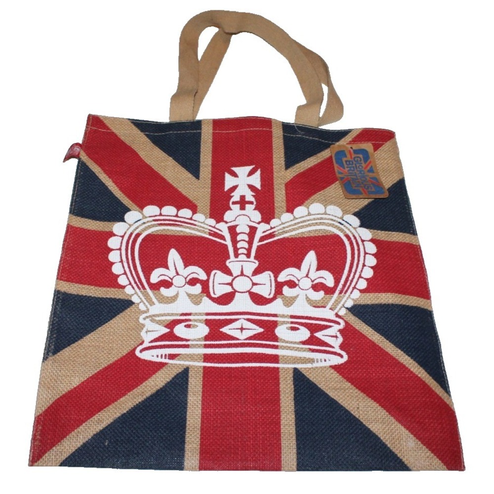 Glorious Britain jute bag reuseable shopping bag flag & crown 14"x16" NEW NWT